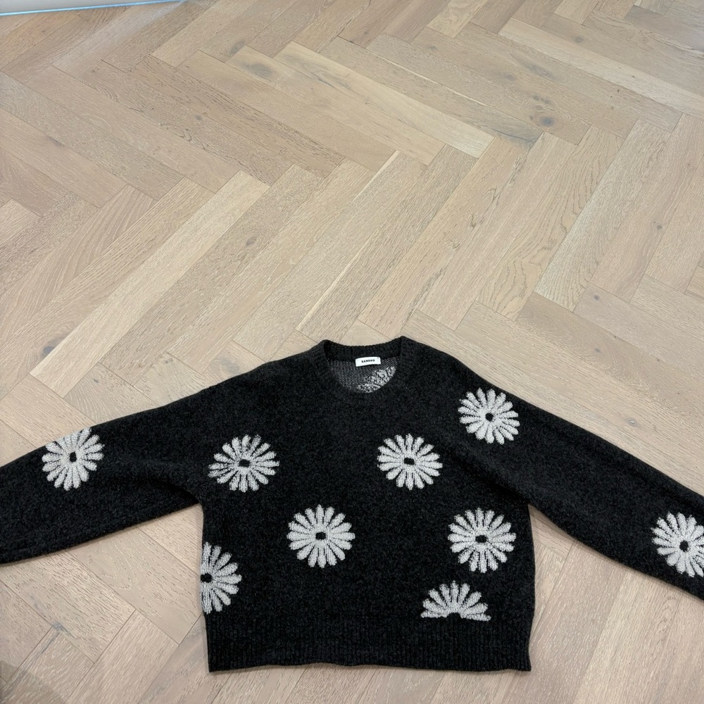 Sandro Black Crewneck Sweater with White Daisy Motif